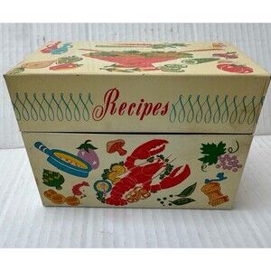 Vintage 60s/70s Ohio Art Co. Metal Recipe Box USA 5” x 3” Meat Seafood Veggies